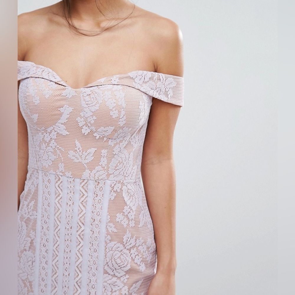 Jarlo All Over Lace Off Shoulder Fishtail Dress Lavender - Picture 4 of 5